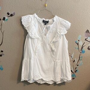 White cotton eyelet cottage tie blouse flutter sleeve Laundry M regcore prarie